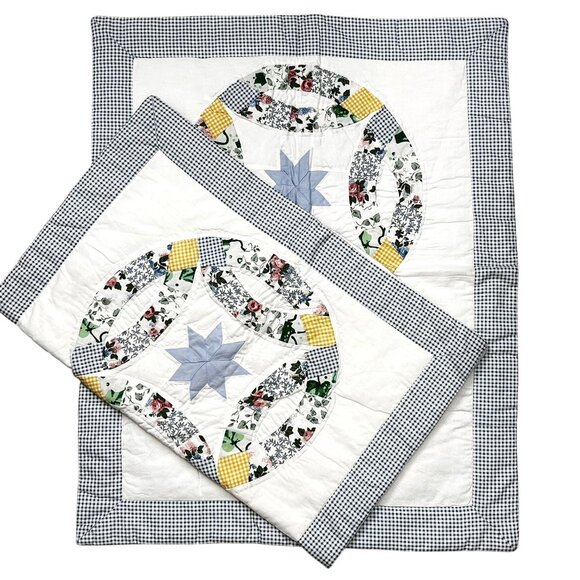 2 Standard Pillow Shams Double Wedding Ring  Patchwork Hand Stitched Country Far - Picture 3 of 11